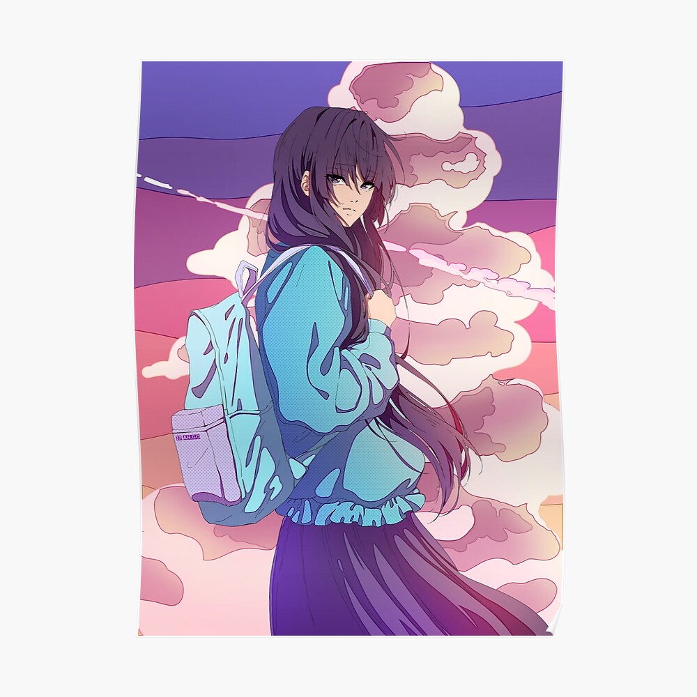 The beautiful sunset sky, clouds and cute anime girl The beautiful sunset sky, clouds and cute anime girl