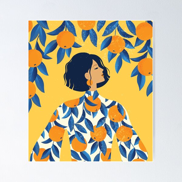 Item preview, Beautiful girl in a dress with oranges pattern print designed and sold by AngelinaBambina.