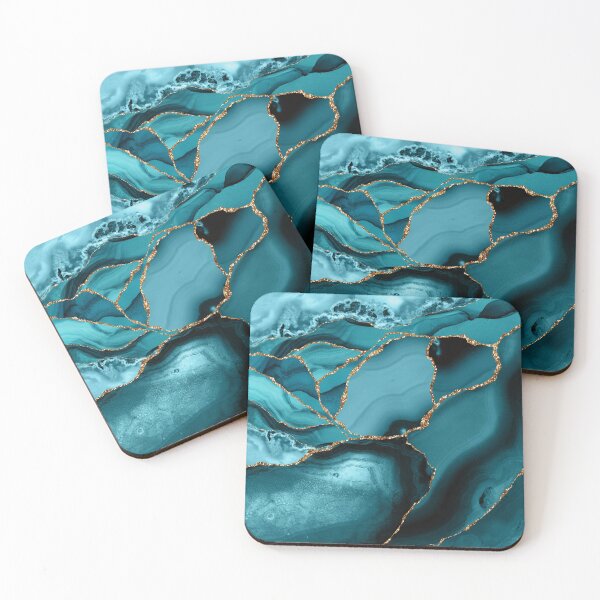 Teal And Gold Faux Marble Landscape Waves Coasters (Set of 4)