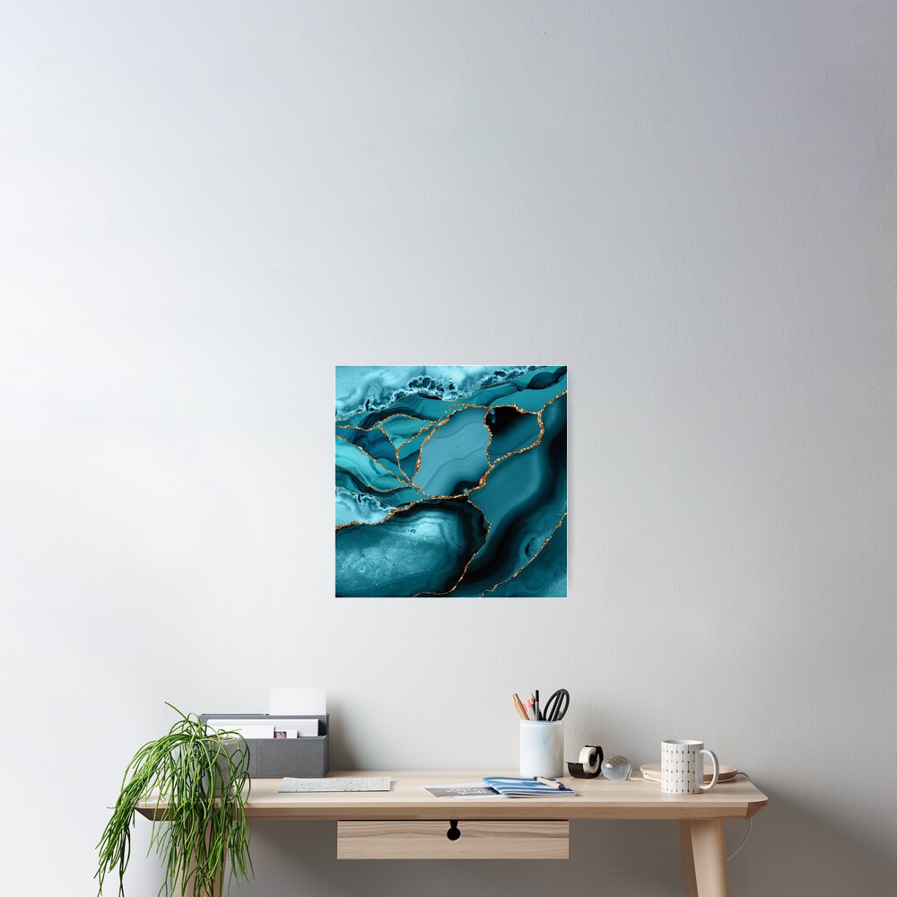 Teal And Gold Marble Landscape Waves Poster