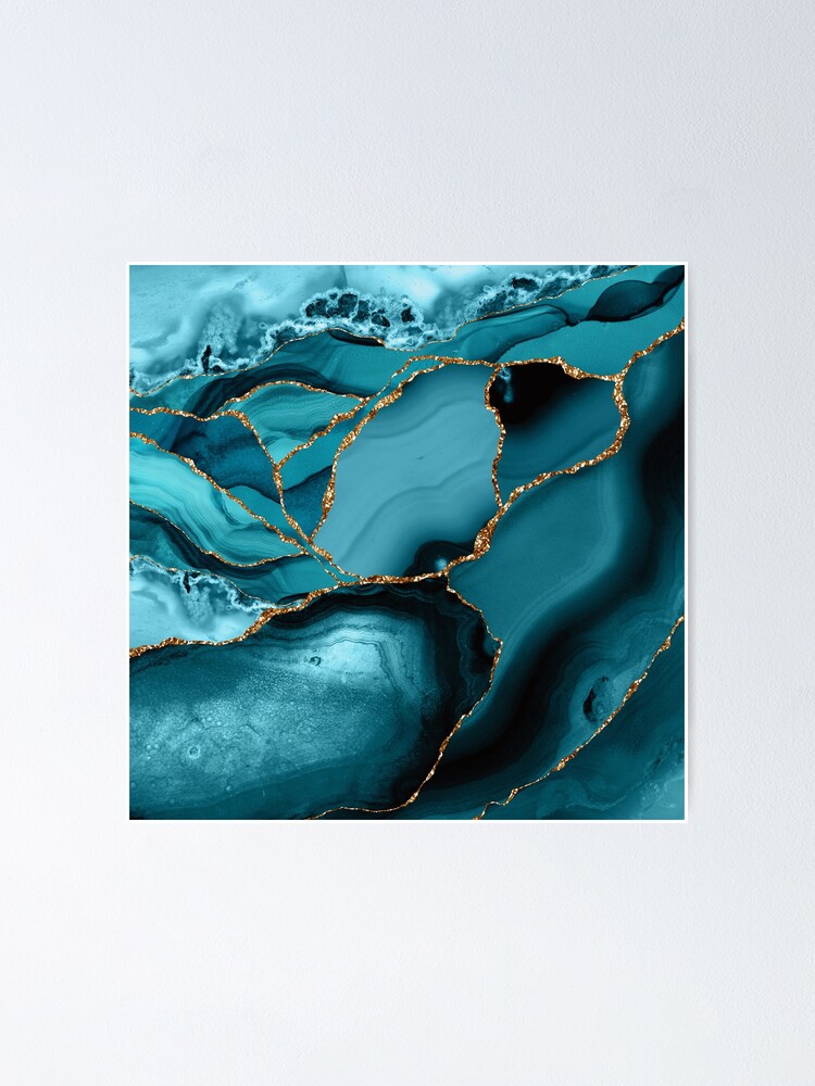 Alternate view of Teal And Gold Marble Landscape Waves Poster