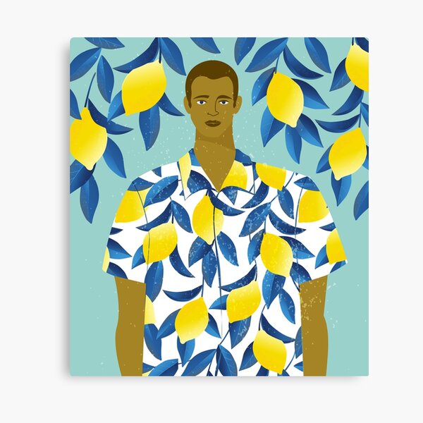 Aperçu de l'œuvre Bel homme dans une chemise avec des citrons imprimer sur un fond de citronnier créée et vendue par AngelinaBambina.