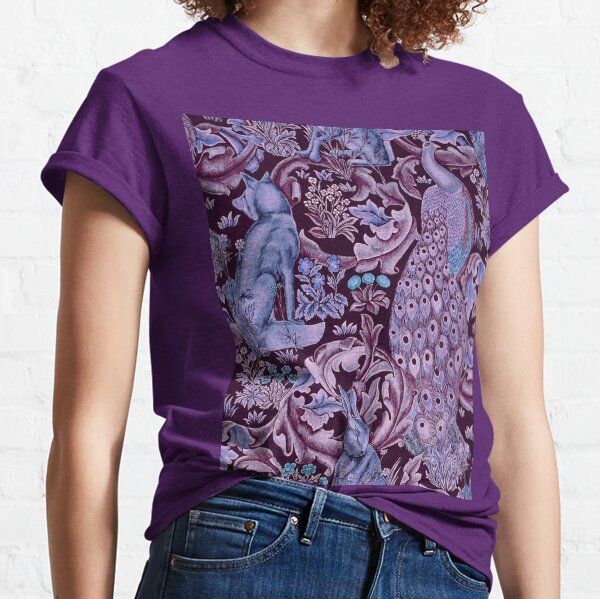 BLUE PURPLE FOREST ANIMALS ,PEACOCKS, FOX AND HARE Classic T-Shirt