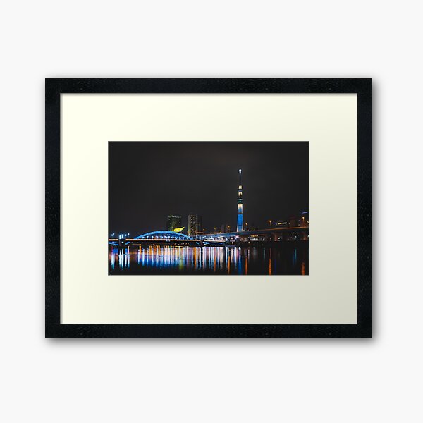 Tokyo Sky Tree and skyline along Sumida River, Tokyo, Japan Framed Art Print