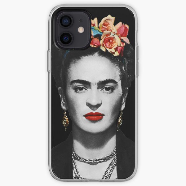 Frida Kahlo retrato en blanco y negro con fondo negro Funda blanda para iPhone