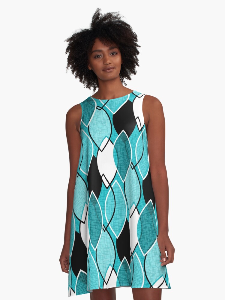 Mid Century Modern Leaves // Turquoise Blue, Black, White A-Line