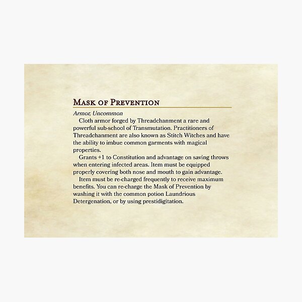 Mask of Prevention - DND Face Mask Photographic Print