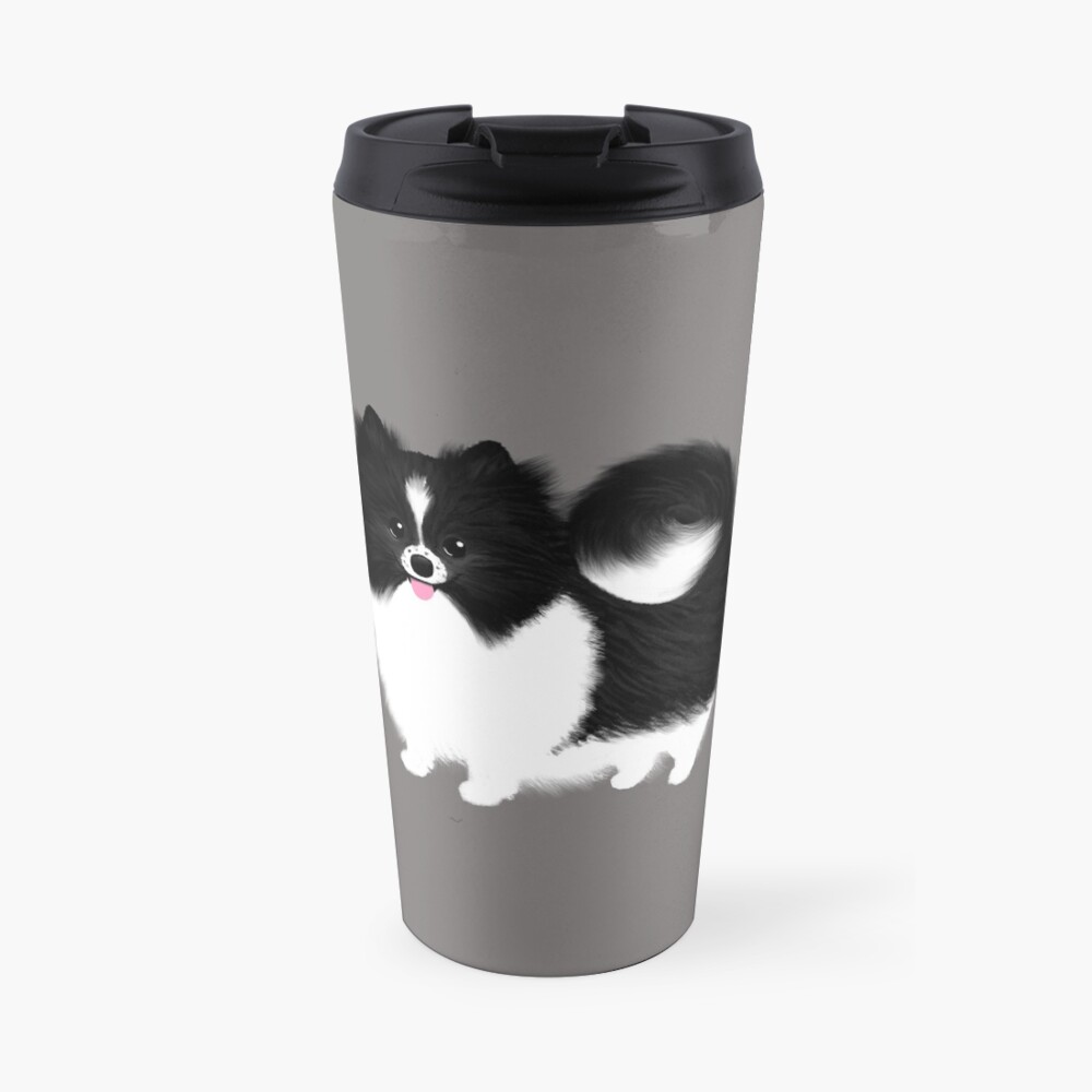 Black and White Parti Pomeranian | Cute Black and White Fluffy Dog Travel Coffee Mug