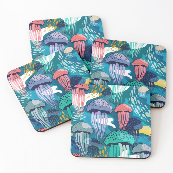 Item preview, Bioluminescence geometric jellyfish // teal background coral aqua and blue geo sea jellies designed and sold by SelmaCardoso.