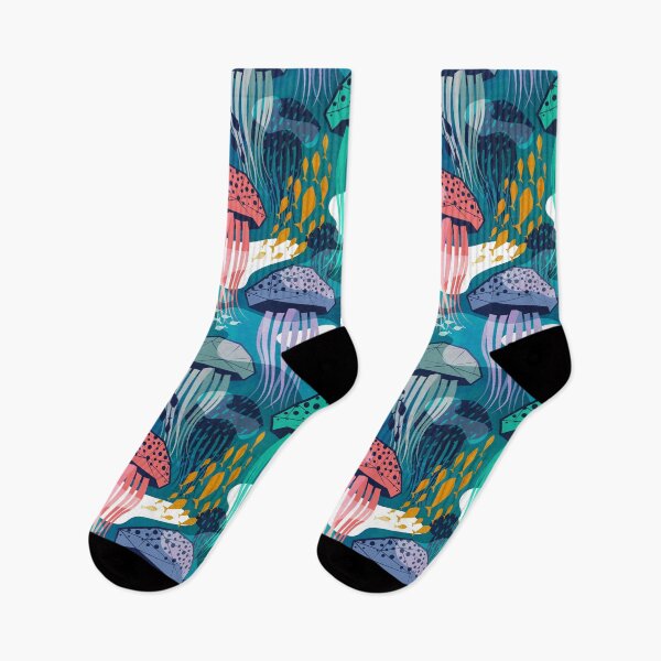 Item preview, Bioluminescence geometric jellyfish // teal background coral aqua and blue geo sea jellies designed and sold by SelmaCardoso.