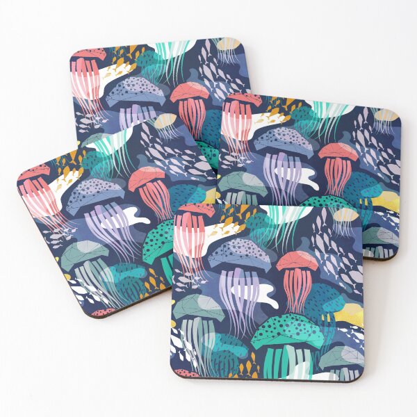 Item preview, Bioluminescence geometric jellyfish // navy blue background coral aqua and blue geo sea jellies designed and sold by SelmaCardoso.
