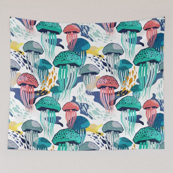 Item preview, Bioluminescence geometric jellyfish // white background coral aqua and blue geo sea jellies designed and sold by SelmaCardoso.