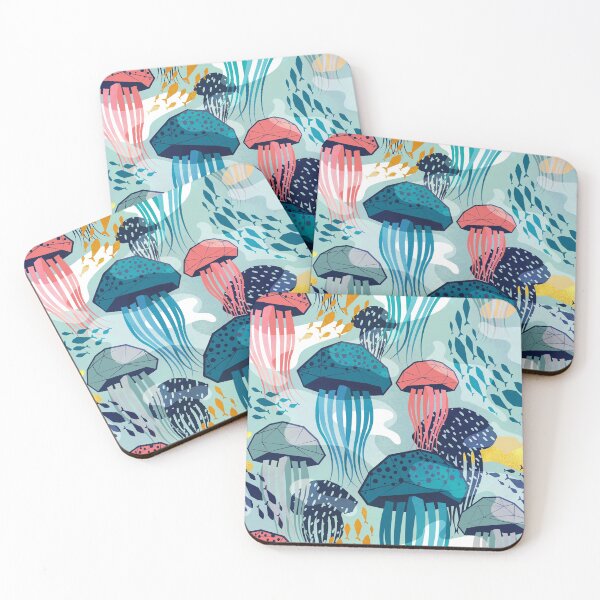 Item preview, Bioluminescence geometric jellyfish // aqua background coral teal and green geo sea jellies designed and sold by SelmaCardoso.