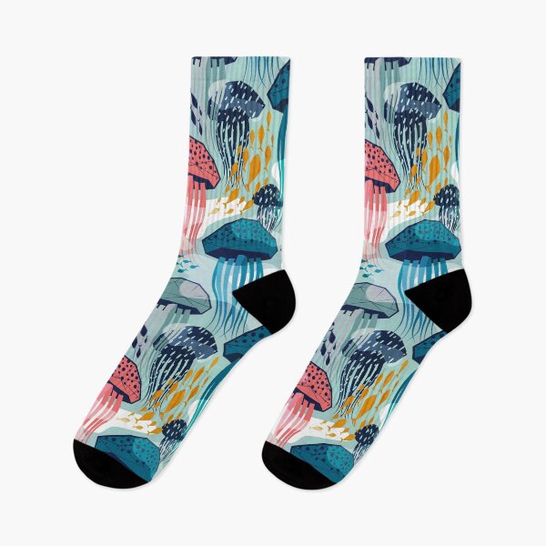 Item preview, Bioluminescence geometric jellyfish // aqua background coral teal and green geo sea jellies designed and sold by SelmaCardoso.