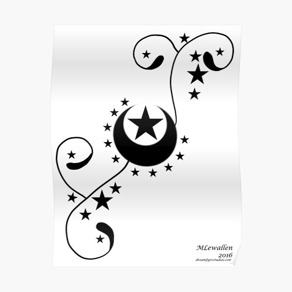 Moon Swirly Stars Black and White Graphic Poster
