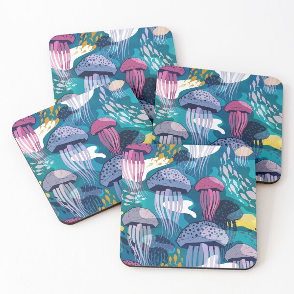 Item preview, Bioluminescence geometric jellyfish // teal background pink violet and blue geo sea jellies designed and sold by SelmaCardoso.