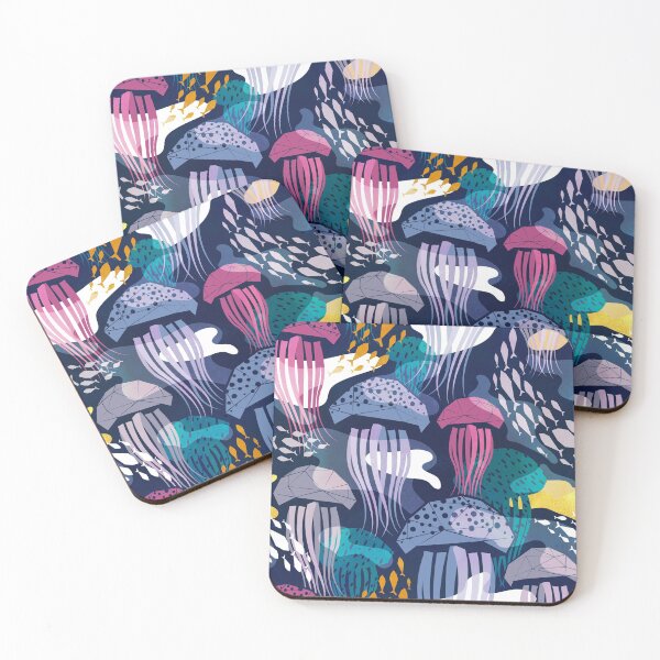 Item preview, Bioluminescence geometric jellyfish // navy blue background pink violet blue and teal geo sea jellies designed and sold by SelmaCardoso.