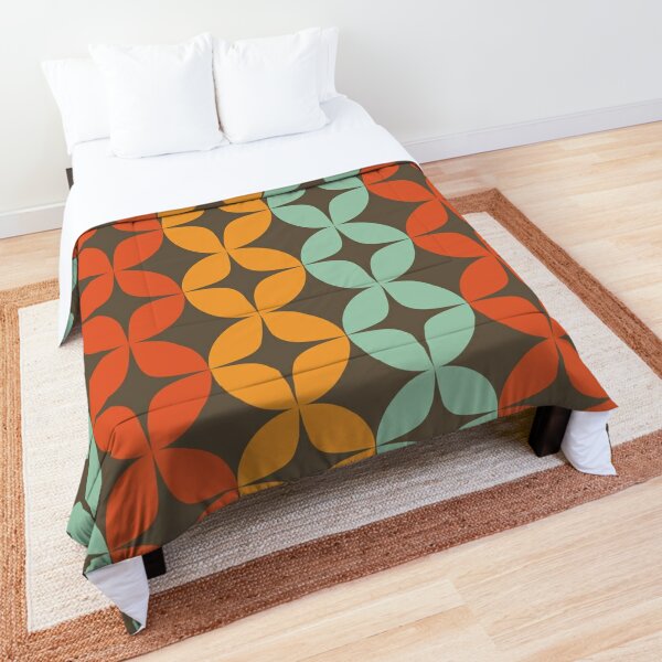 Mid Century Modern Futura Stripes in Celadon and Orange on Taupe Brown  Comforter