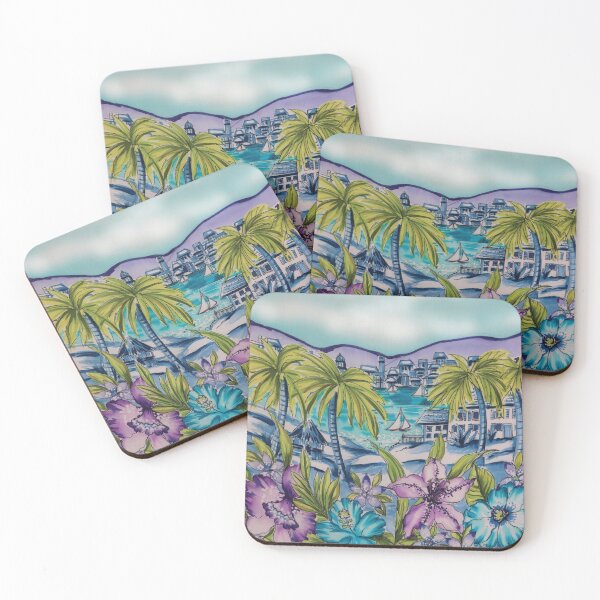 Artikelvorschau, Tropical Seascape with Floral Border entworfen und verkauft von Leslie Rogers Todder.
