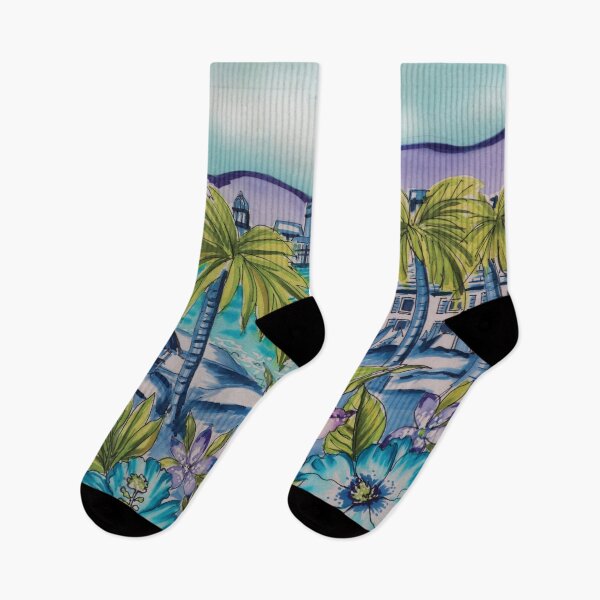 Artikelvorschau, Tropical Seascape with Floral Border entworfen und verkauft von Leslie Rogers Todder.