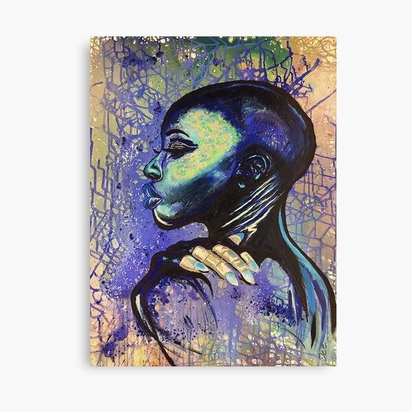 Feeling Blue:Acrylic painting,woman,girl,female,pretty,beautiful,black,art,nails,lips,bald,original, Art Print Canvas Print