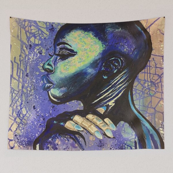Item preview, Feeling Blue:Acrylic painting,woman,girl,female,pretty,beautiful,black,art,nails,lips,bald,original, Art Print designed and sold by spacesbydee.