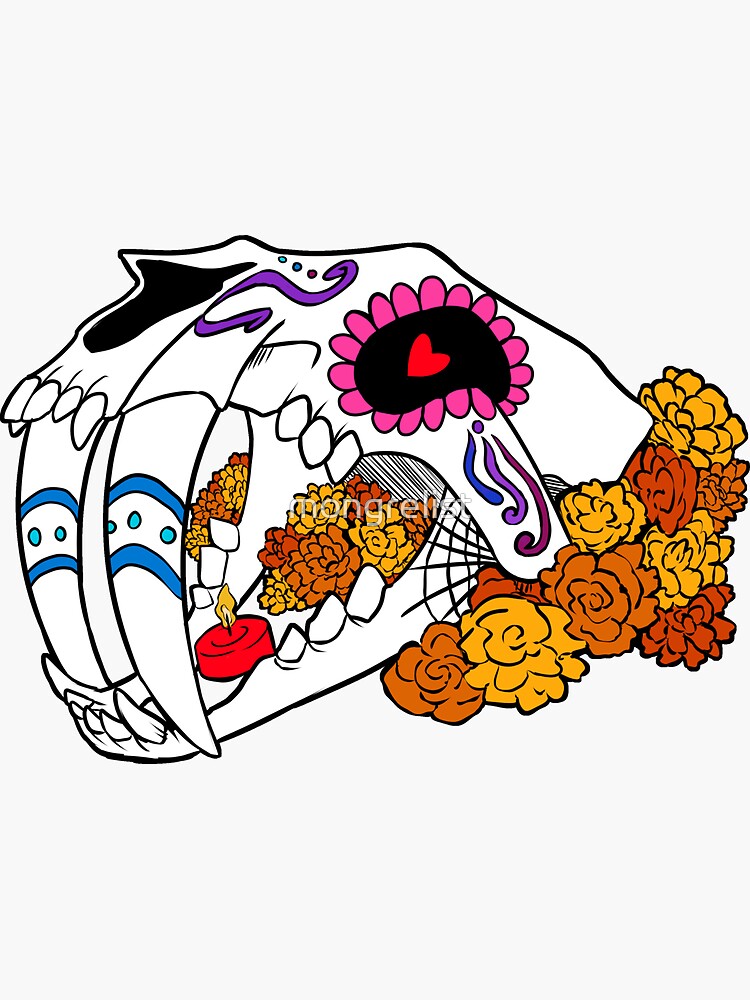 Thumbnail 3 of 3, Sticker, Sabertooth Sugar Skull designed and sold by mongrelist.