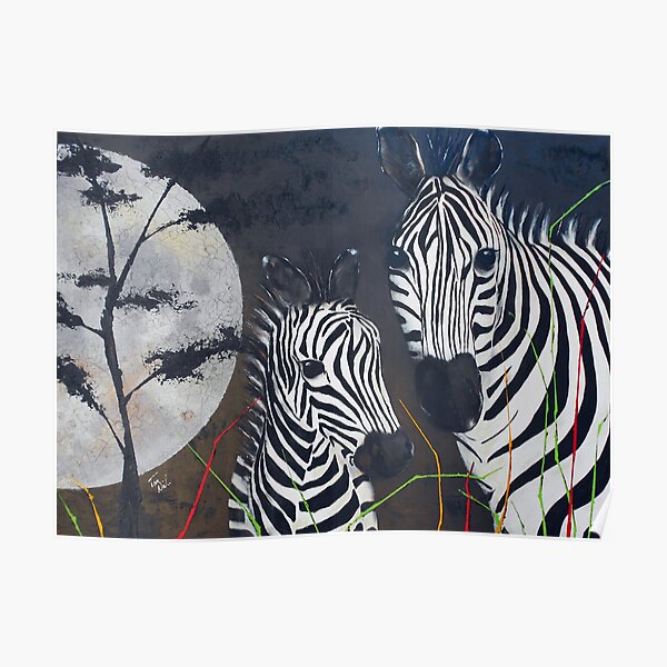 Zebras and a Really Big Moon Poster