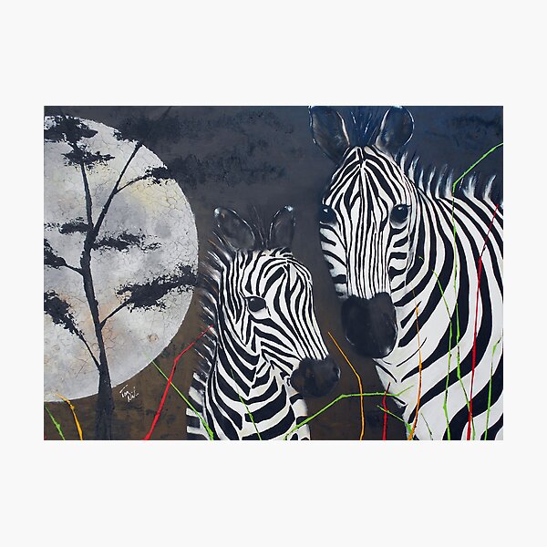 Zebras and a Really Big Moon Photographic Print