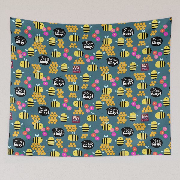 Item preview, Bee busy! Cute honey bees pattern (Blue background variant). designed and sold by EliSoft.