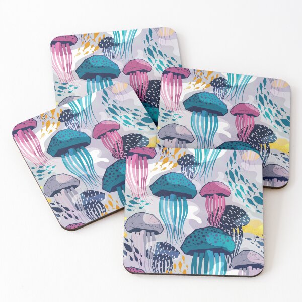 Item preview, Bioluminescence geometric jellyfish // violet background pink blue and teal geo sea jellies designed and sold by SelmaCardoso.
