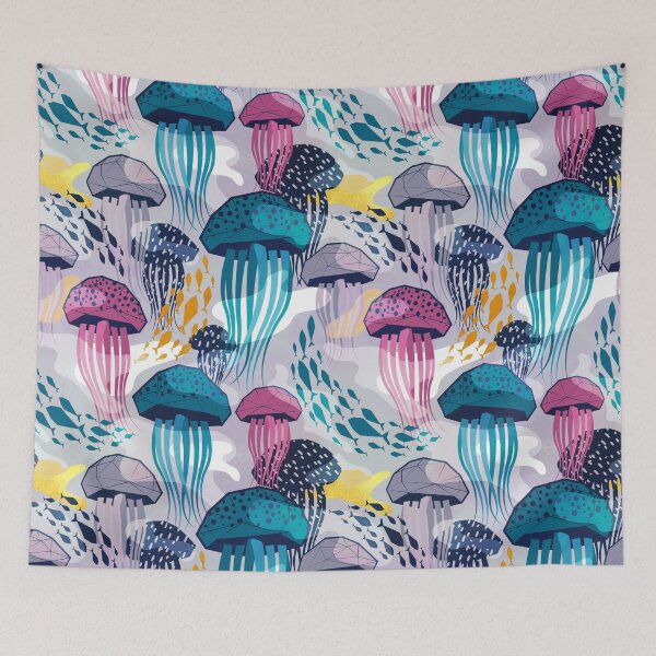 Item preview, Bioluminescence geometric jellyfish // violet background pink blue and teal geo sea jellies designed and sold by SelmaCardoso.