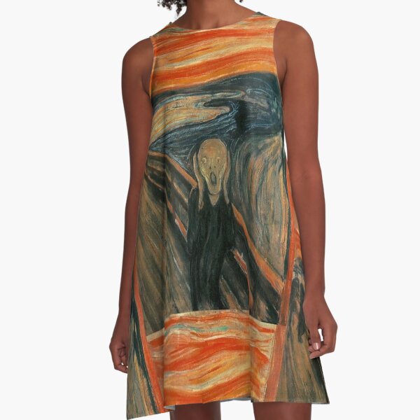 THE SCREAM. Edvard Munch, Man at bridge holding head with hands and screaming. On BLACK. A-Line Dress