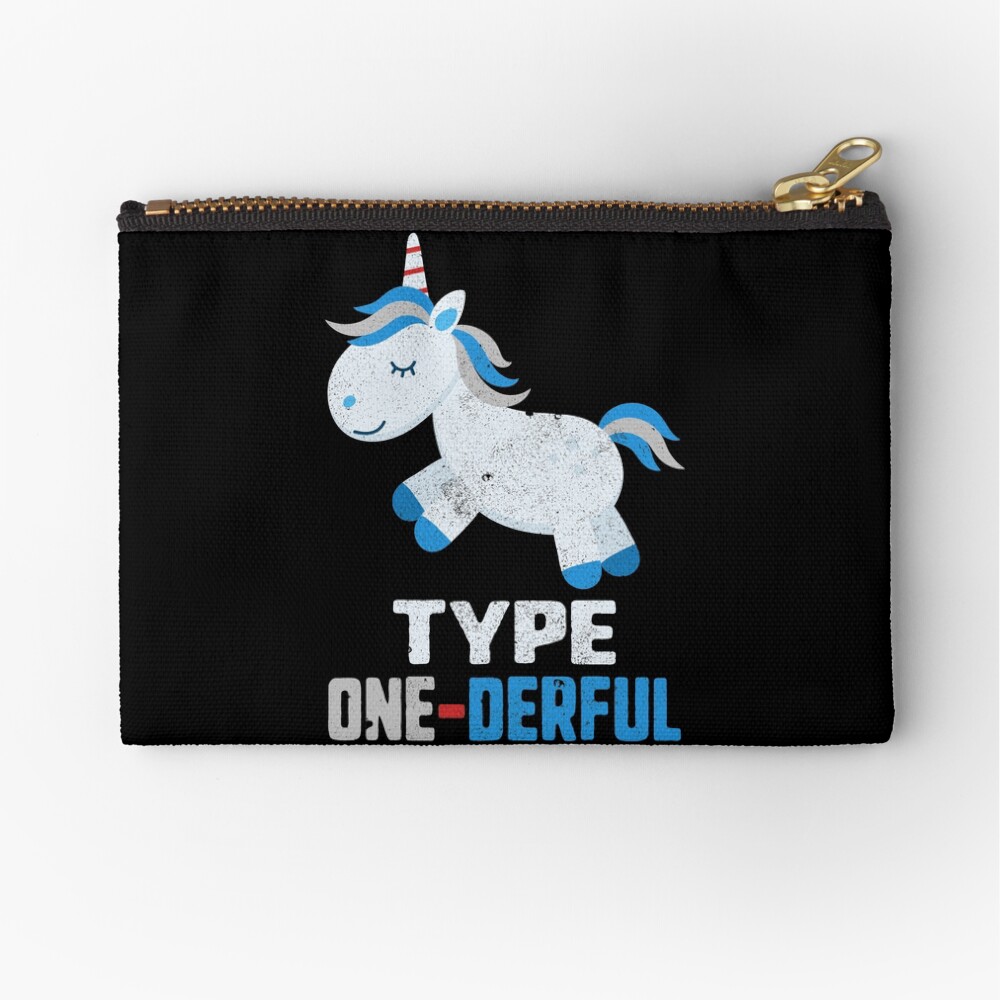 Type One Derful Diabetes T1 Awareness Cute Unicorn White Blue Ribbon Warrior Gift Zipper Pouch