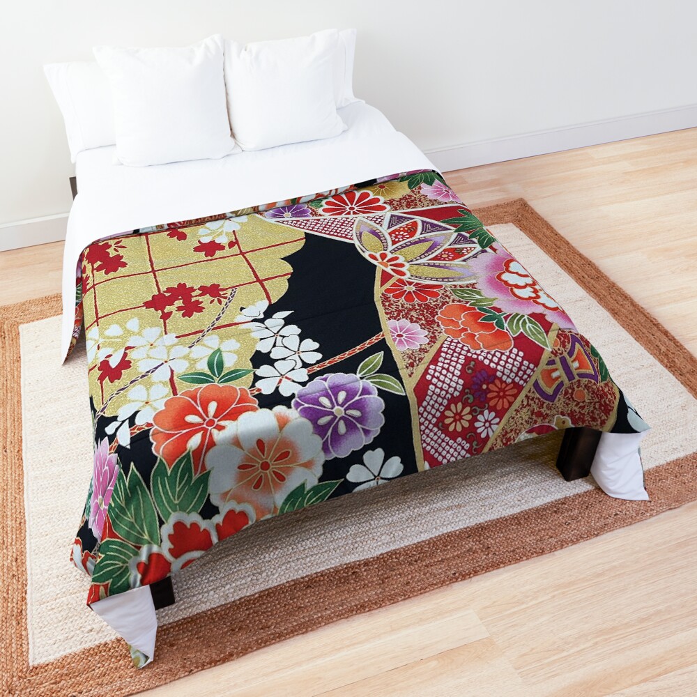 ANTIQUE JAPANESE FLOWERS Pink White Jasmines, Peonies Kimono Style Floral Comforter