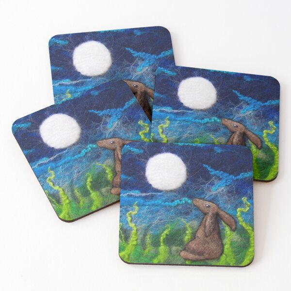 Item preview, Moon Gazing Hare, needle felted fibre art textile print designed and sold by TheWonkyFox.