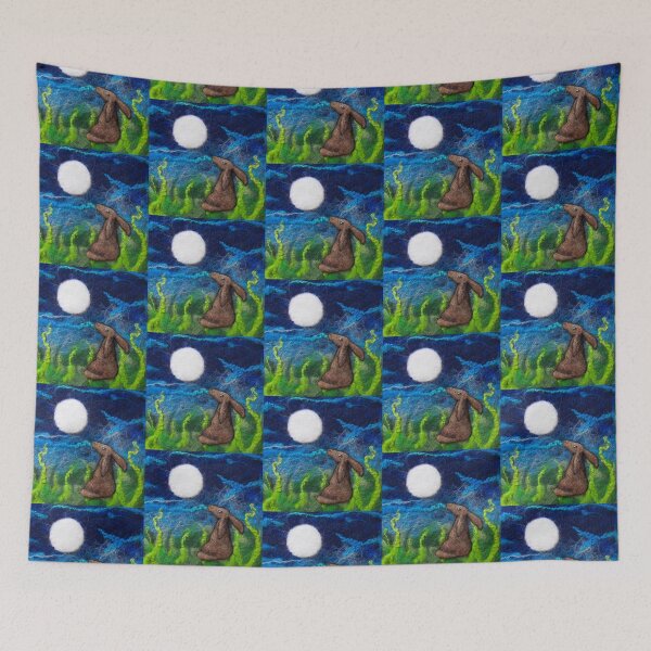 Item preview, Moon Gazing Hare, needle felted fibre art textile print designed and sold by TheWonkyFox.