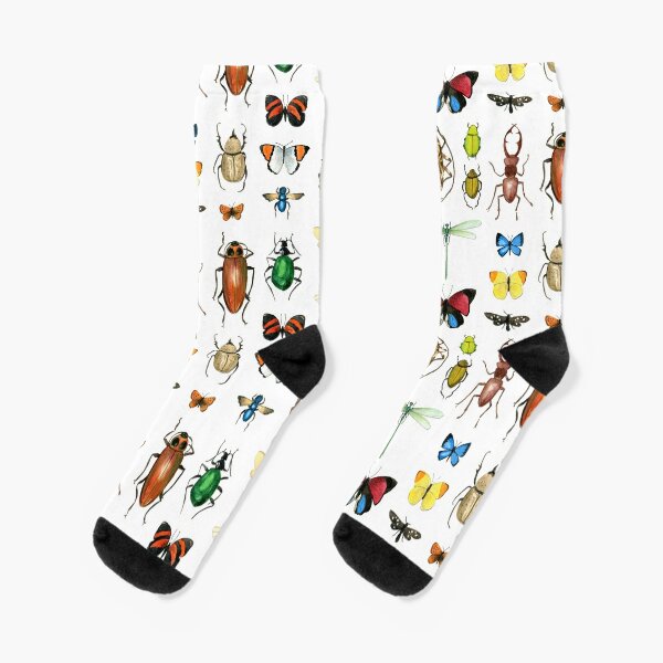 The Usual Suspects - insects on white - watercolour bugs pattern by Cecca Designs Socks