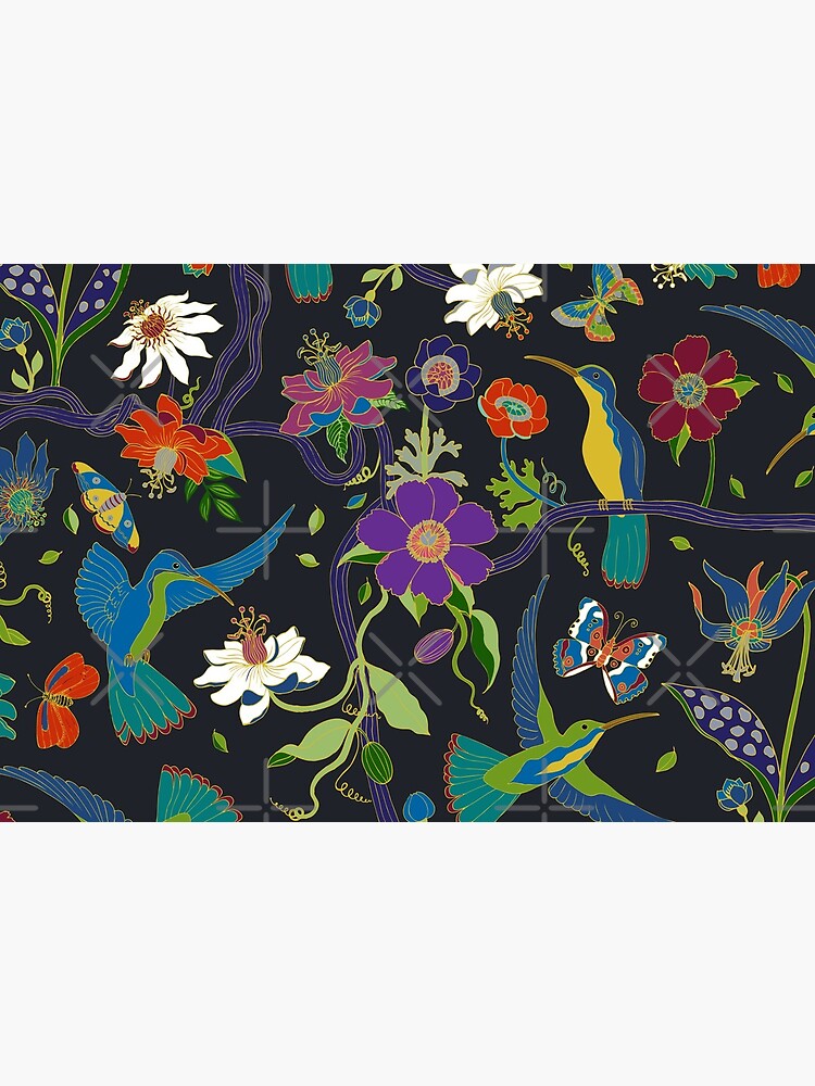 Hummingbirds and Passionflowers - Cloisonne on Black - pretty floral bird pattern by Cecca Designs by Cecca-Designs