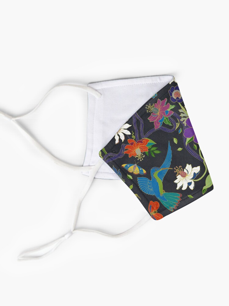 Alternate view of Hummingbirds and Passionflowers - Cloisonne on Black - pretty floral bird pattern by Cecca Designs Mask