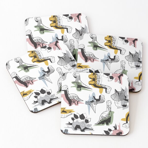 Aperçu de l'œuvre Dinosaures géométriques // conception non directionnelle fond blanc moutarde jaune sauge vert pastel bleu blush rose et gris ombres de dinosaures gris créée et vendue par SelmaCardoso.