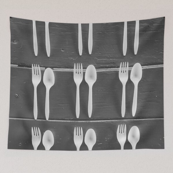 Item preview, forks and spoons with wood background in black and white designed and sold by Mrvell.
