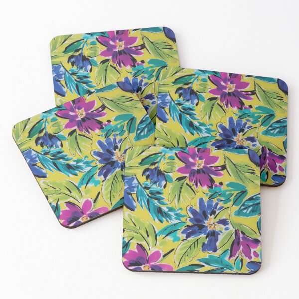 Item preview,  Flowers Loosely Painted in Magenta, Royal, on Mustard Yellow Ground designed and sold by Leslie Rogers Todder.