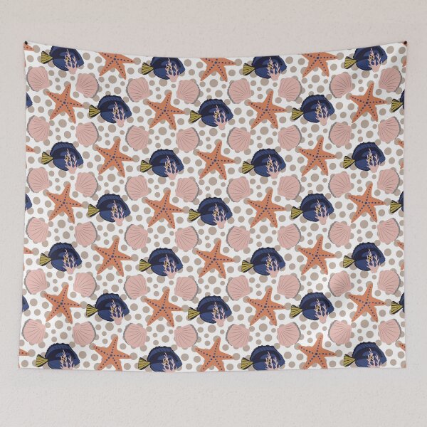 Item preview, Beautiful Beach Collection 03 White with Spots Surgeon fish, pink shells and starfish.  designed and sold by CJAura by Claire Jane Johnson.