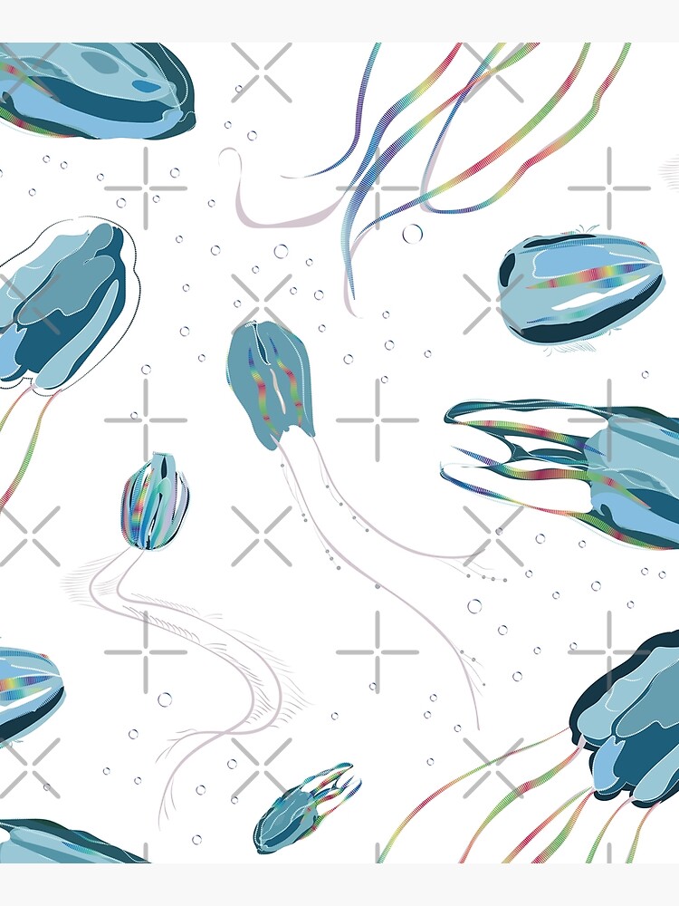 "Dance of the Rainbow Comb Jellies on white" Mounted Print by