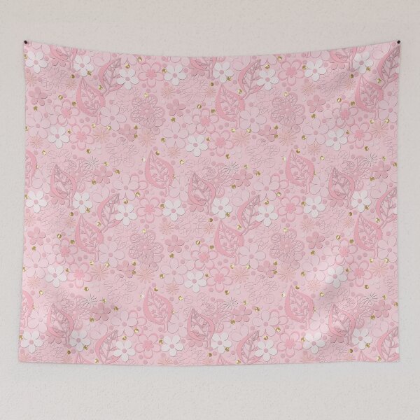 Item preview, Seamless paper cut lace floral pattern on pink background gold confetti designed and sold by fuzzyfox.