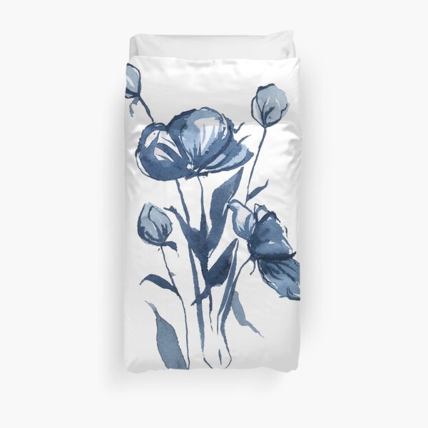 Dark Blue Watercolor Flowers Duvet Cover