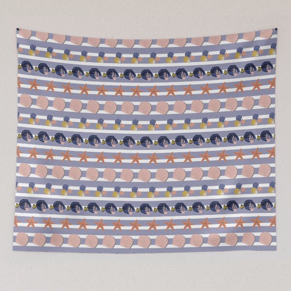 Item preview, Beautiful Beach Collection 07 Blue Stripe Surgeon fish, shells and starfish  designed and sold by CJAura by Claire Jane Johnson.
