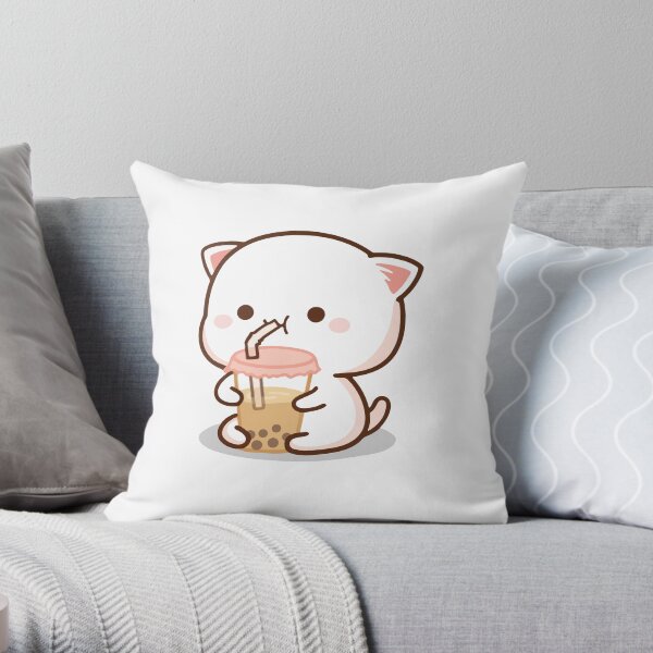 Peach and Goma Mochi Cat Bubble Tea Throw Pillow