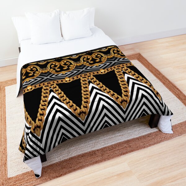 Golden ornamental baroque with black and white geometric zigzag Comforter